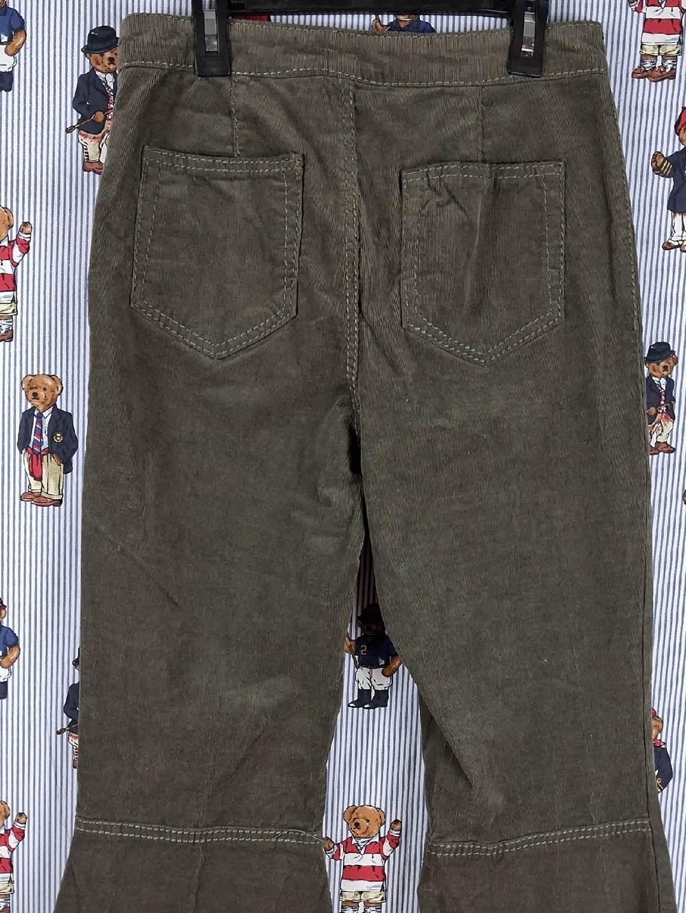 Women's High Rise Fitted Corduroy Big Bell Flare Out Olive Green Boho Pants Sz26 - Picture 2 of 7